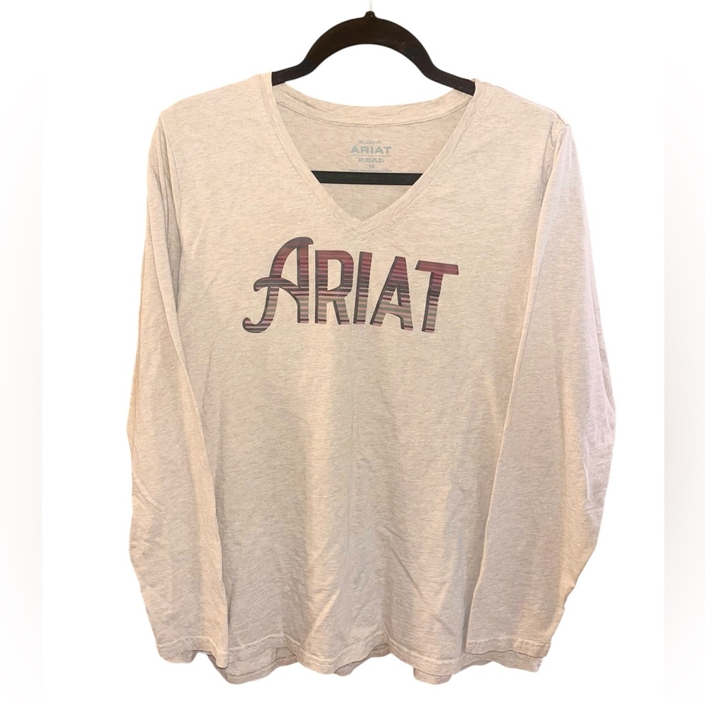 Ariat Long Sleeve Relaxed Fit Tan Shirt With Purple Ariat Lettering